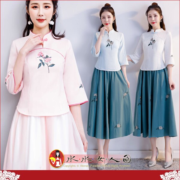 【水水女人國】～時尚中國風美穿在身～心中情(三色)。文藝復古清新簡約繡花棉麻改良式七分袖旗袍唐裝上衣