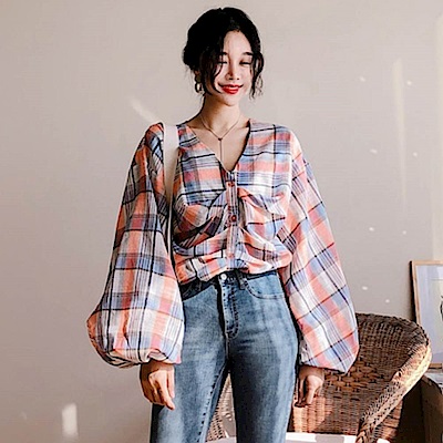 La Belleza前胸抽皺壓折燈籠袖開釦格紋襯衫