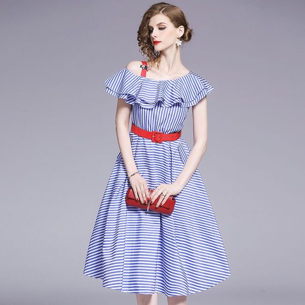 VK旗艦店 歐美風荷葉邊露肩藍白條紋配腰帶短袖洋裝