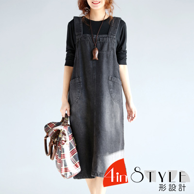 水洗牛仔大口袋寬鬆吊帶裙 (黑色)-4inSTYLE形設計