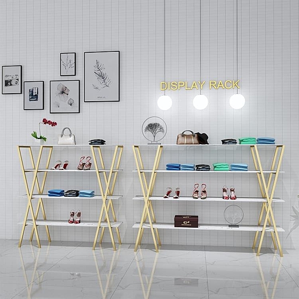 金色鞋店鞋架展示架服裝店貨架置物架落地式包包店鋪裝修設計效果