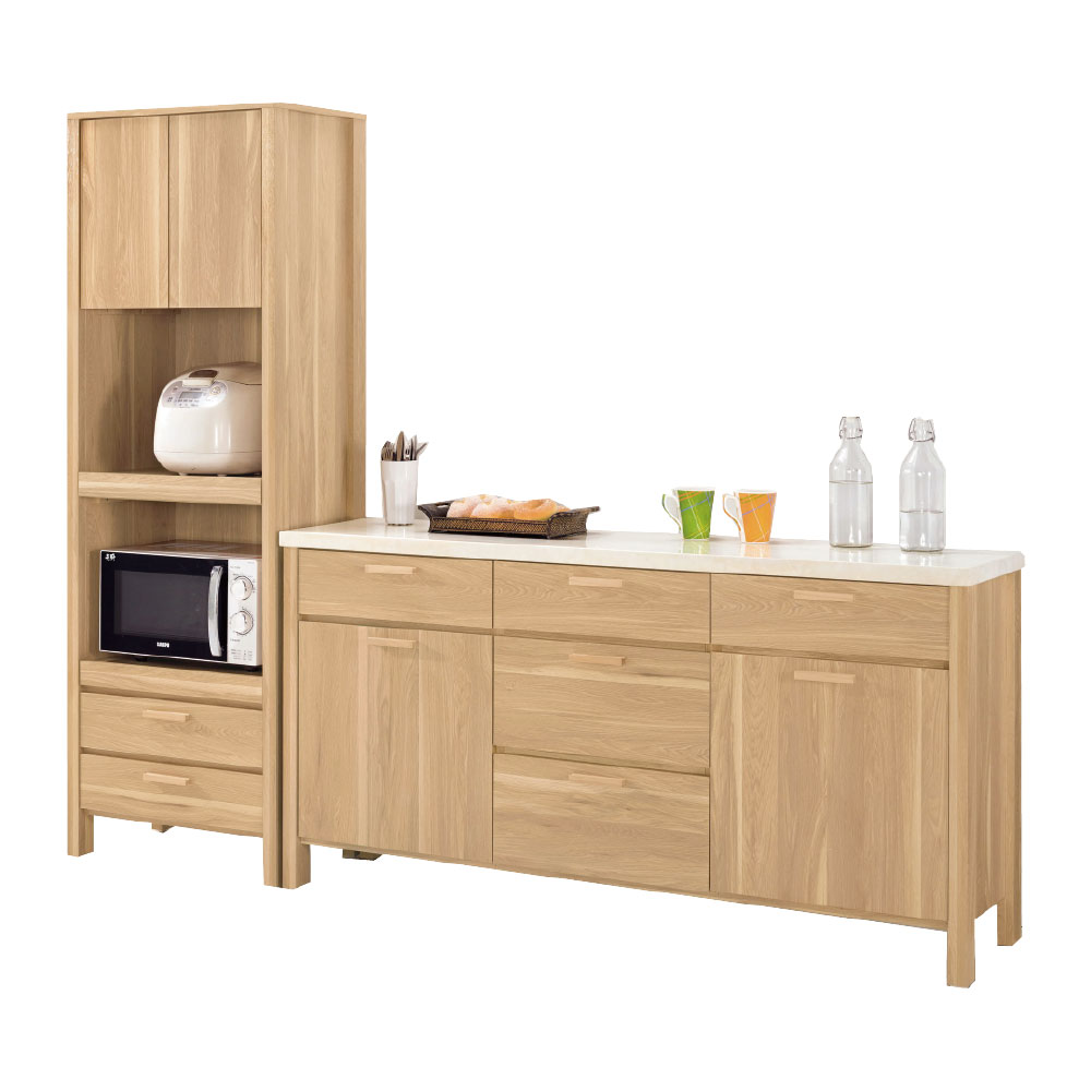 2尺高餐櫃+5.2尺石面餐櫃 ●符合國際標準低甲醇木心板，居家好放心 ●表面專利技術耐磨木紋同調浮雕壓紋 觸感猶如實木 ●天然原石另加工高硬度化學原料增加石材壽命 ●多層隔空間，分門別類收納好輕鬆 ●