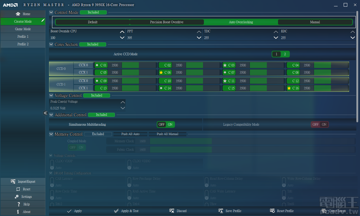 透過 AMD Ryzen Master 得知 ROG Strix X570-I Gaming AM4 插槽的 PPT、TDC、EDC 分別為 395W、255A、255A，大概是顧慮到上一級還有 ROG Crosshair VIII Impact，數值比同級競爭對手 GIGABYTE X570 I AORUS Pro WiFi 為低（540W、300A、360A）。（點圖放大）