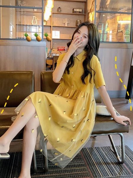 網紗裙 菠蘿刺繡襯衫連衣裙2019新款夏小清新拼網紗很仙的桔梗裙【快速出貨】