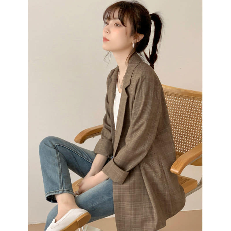 春夏復古格紋棕色西裝外套
