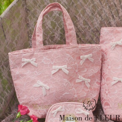 Maison de FLEUR 甜美蕾絲蝴蝶結緞帶手提包(S)