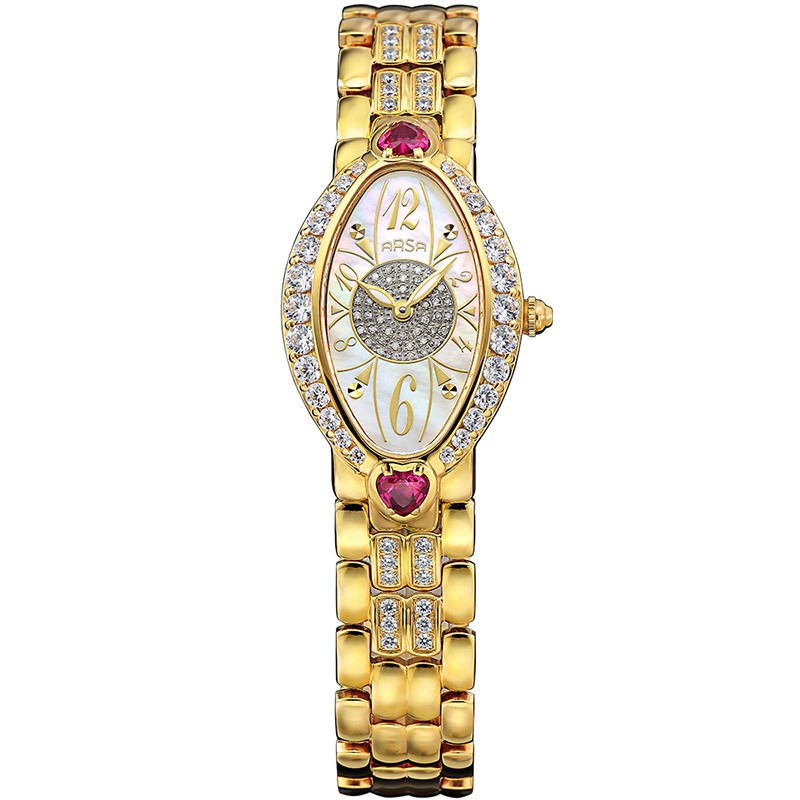 品牌:ARSA珍珠母貝面盤藍寶石水晶鏡面防水30米※基本資料※料號：AR825機芯：石英機芯※規格※錶殼(含龍頭)：直徑2.7 cm錶帶(含底座)：長約20.0 cm、最寬約1.4 cm厚度約：0.9 cm※顏色※錶盤：白色錶框：金色指針：金+白色錶帶：金色※材質※錶殼：不鏽鋼+晶鑽錶帶：不鏽鋼+晶鑽面盤：珍珠母貝面盤+真鑽44顆鏡面：藍寶石水晶錶鏡※其他規格※錶扣：按壓式不鏽鋼錶扣 防水:30米配件：公司貨、保證書、保固一年(外觀恕不在保固範圍內)