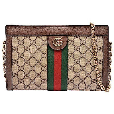 GUCCI 經典Ophidia系列GG帆布印花綠紅綠織帶皮革飾邊磁釦手拿/肩背包(小)
