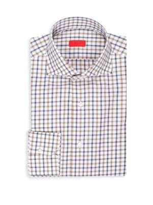 Modern fit button-up in a smart, dual-tone plaid; Point collar; Long sleeves; Button cuffs; Button f