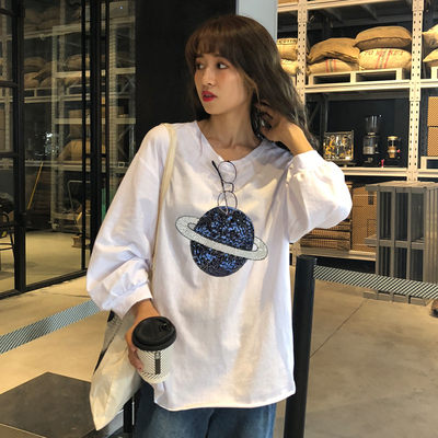 2215#官圖180克雙磨2019秋季新款韓版原宿風卡通印花圓領長袖T恤BF-03朵维思