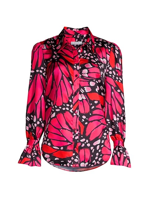 Flowy button-up top with a graphic butterfly motif and flounce cuffs.; Shirt collar; Long sleeves; B