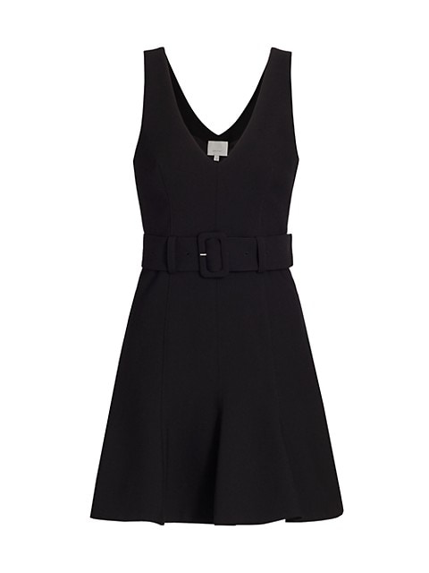 Playful mini dress with an A-line silhouette and defined waistline.; V-neck; Straps; Pullover stylin