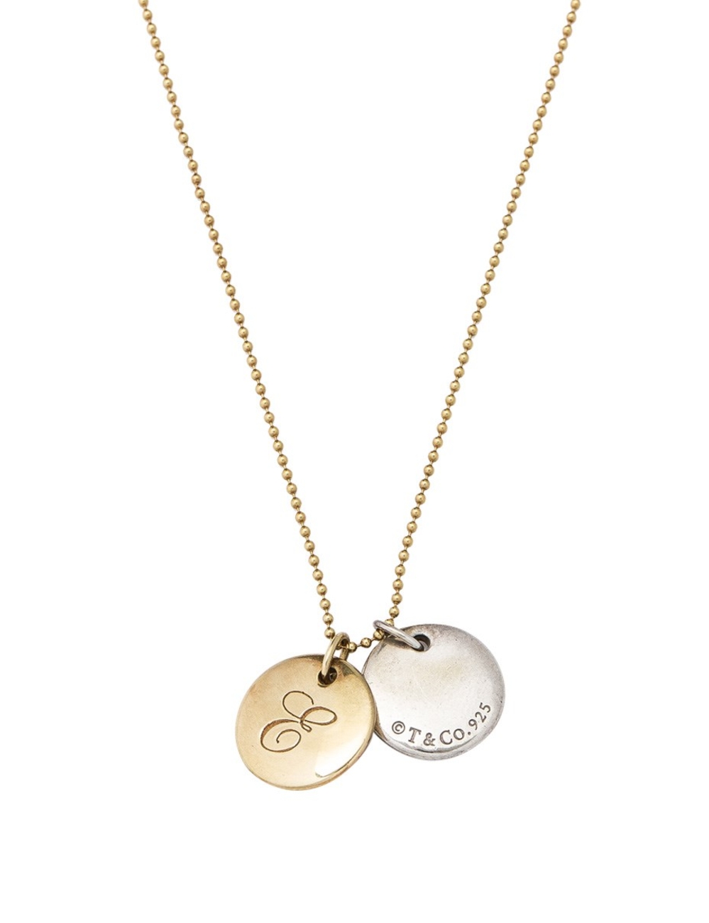 細節 物料：750黃金 吊墜：750黃金和925純銀的2個字母'E'盤飾物 閉合：環扣 條件 -硬件上的髮際線划痕 附加信息 -隨附原包裝盒和集塵袋 尺寸（厘米） 全長21厘米；吊墜直徑1.1cm 尺