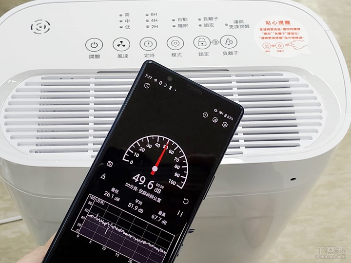 未開啟空氣清淨機時，先測試室內環境噪音分貝數為 49.6dB。