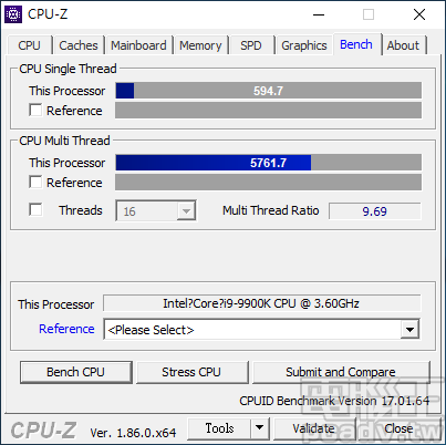 啟用 GameBoost 之後，CPU-Z 內建測試單執行緒為 594.7 分、多執行緒為 5761.7 分，分別成長 0.5% 和 2.5％