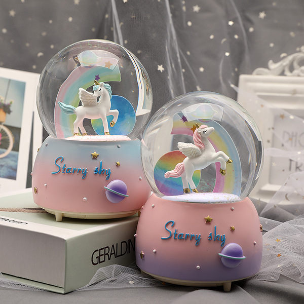 洋裝少女心獨角獸 水晶球 音樂盒 擺件 飄雪卡通彩虹八音兒童 學生 生日禮物