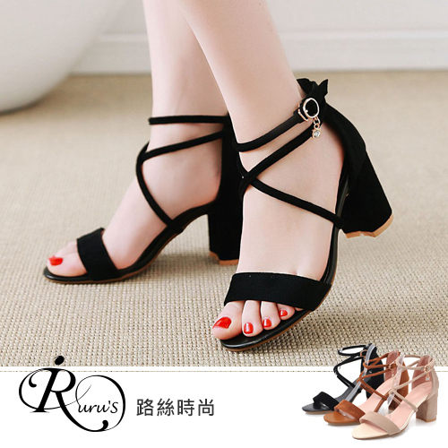 韓系雜誌款百搭絨面一字交叉設計高跟涼鞋/3色/35-43碼 (RX0909-S-3) iRurus 路絲時尚