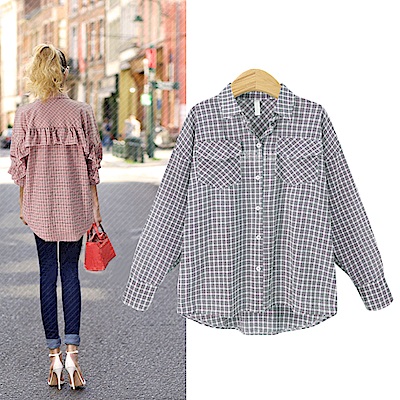 MOCO雙口袋背整排連袖荷葉邊多色格紋襯衫XL~4L