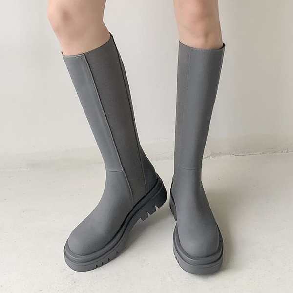 不過膝高筒靴女灰色坡跟長靴厚底松糕真皮長筒騎士靴女增高及膝靴