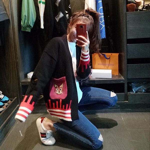 【限時下殺79折】好康推薦秋冬新款正韓毛衣外套女中長版寬鬆學生可愛刺繡針織衫開衫潮