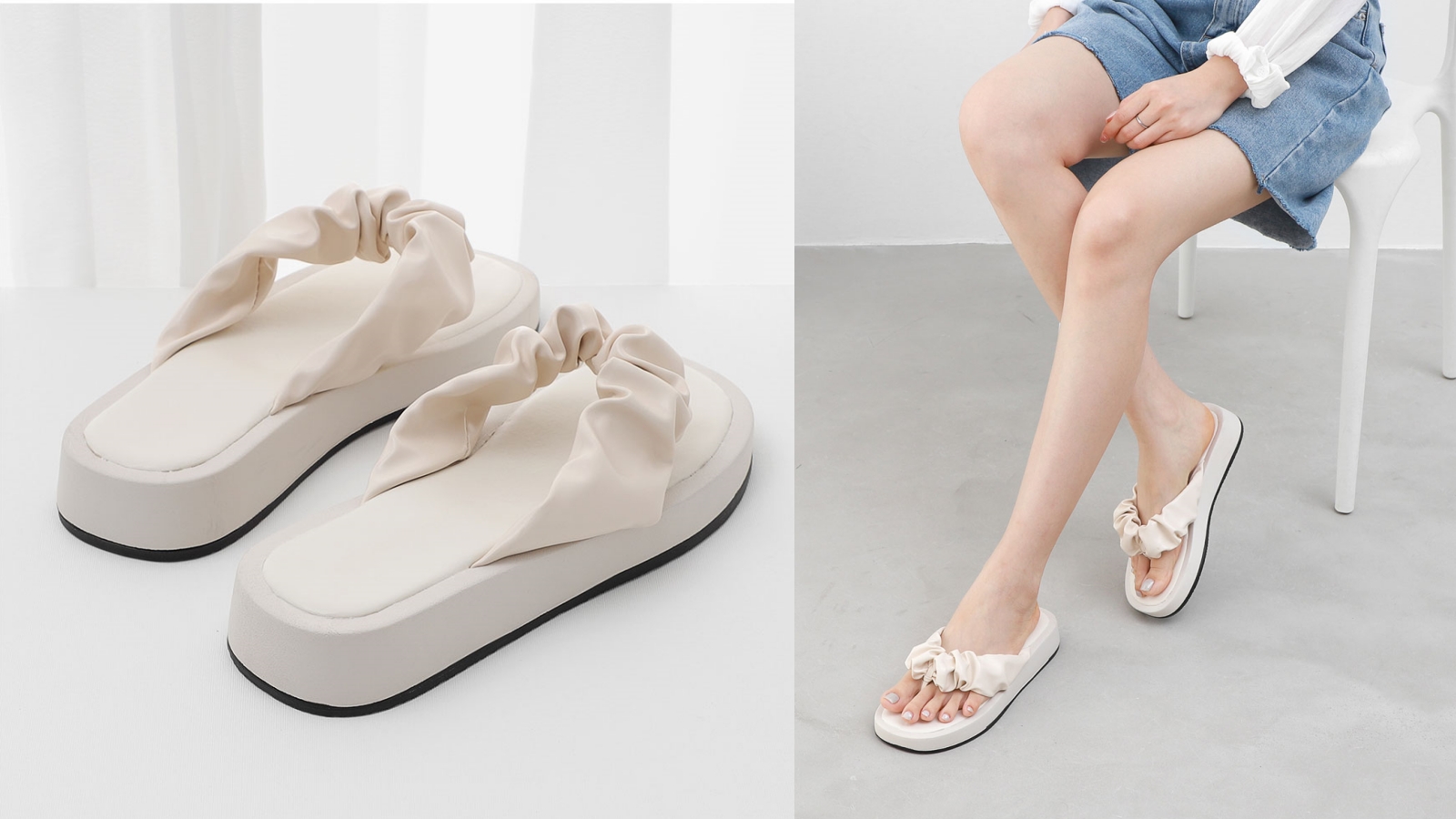 雲朵系列 雙帶抓皺厚底涼拖鞋
