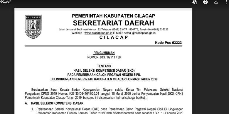 Pengumuman Hasil Skd Cpns 2019 Pemkab Cilacap 2 086 Peserta Lulus Kompas Com Line Today