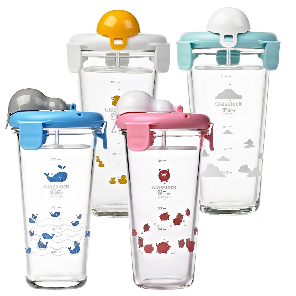 【買一送一】Glasslock 悠遊玻璃隨行杯450ml-鯨魚+小豬+白雲+小鴨／韓國製造／水杯／兒童水杯／兩款任選