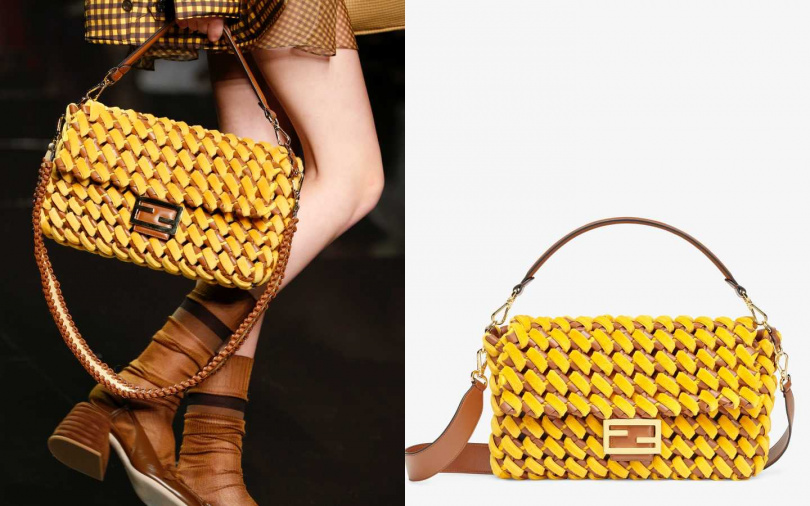 以珍貴貂皮與納帕小牛皮編織，打造出手感柔軟的經典包款。FENDI 大型Baguette手袋／約264,450元（圖／品牌提供）