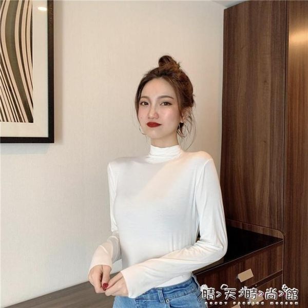 20秋長袖莫爾代半高領彈性大半暖貼身打底衫T恤簡約保暖內衣女t