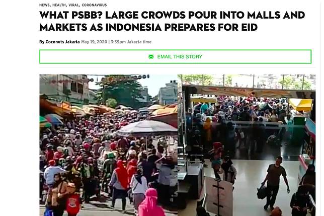 Tangkapan layar portal berita Coconuts yang menyoroti banyaknya kerumunan jelang Lebaran di Indonesia (screenshoot)