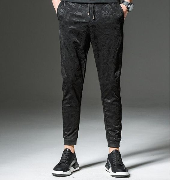 FINDSENSE品牌 男士 骷髏 提花 休閑褲 運動褲 哈倫褲 九分褲 黑