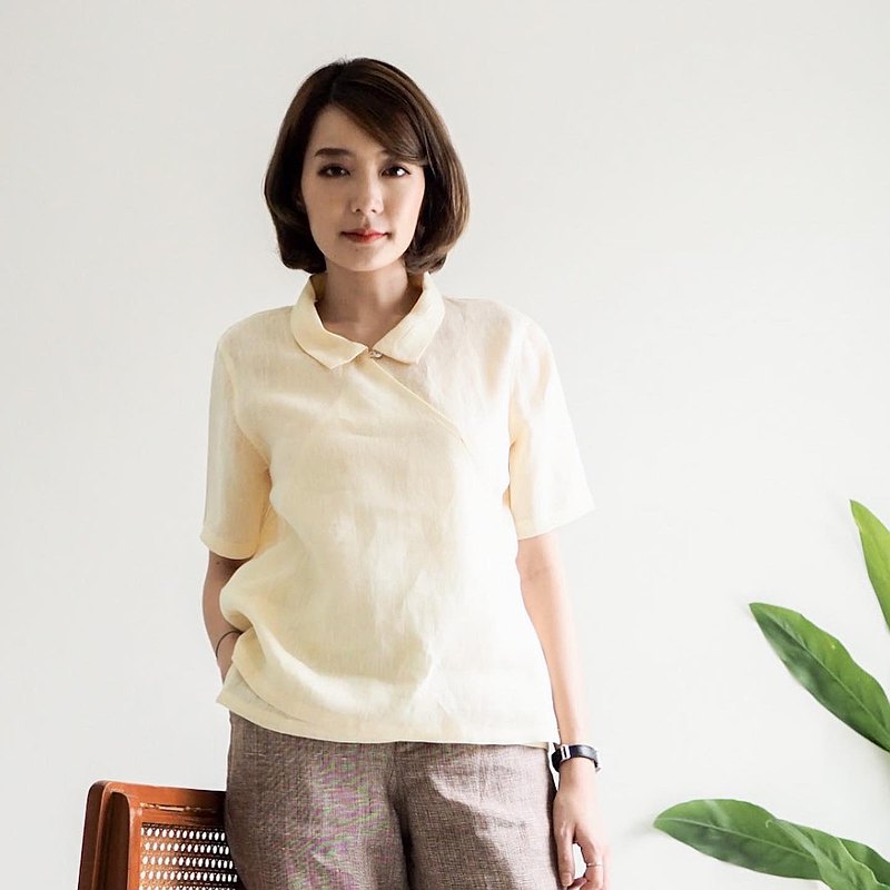 短袖亞麻襯衫，領子：瑪麗