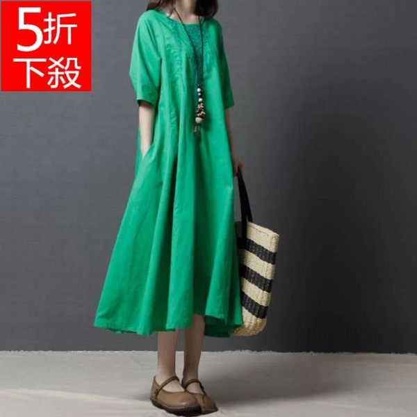 老闆訂錯價!!!五折限時下殺洋裝 短袖新品夏季免運文藝寬鬆休閒亞麻刺繡長洋裝大尺