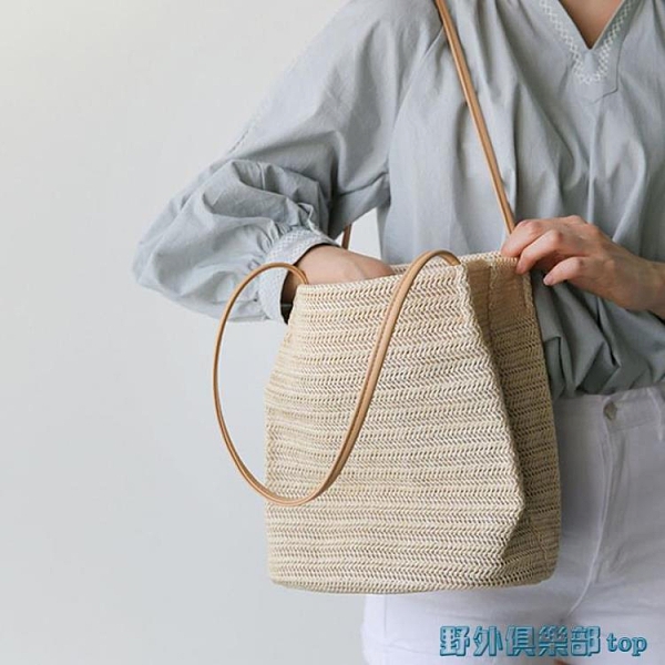 水桶包 2021草編包ins泰國藤編手提沙灘包 度假大容量編織水桶包單肩女包 快速出貨