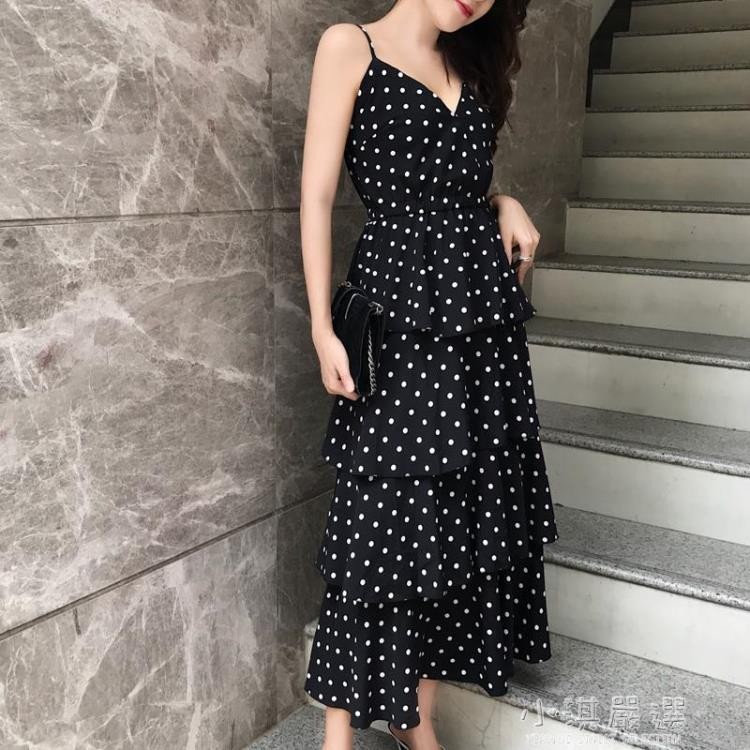 春裝新款女裝波點吊帶裙內搭女夏泫雅風打底蛋糕裙雪紡連身裙