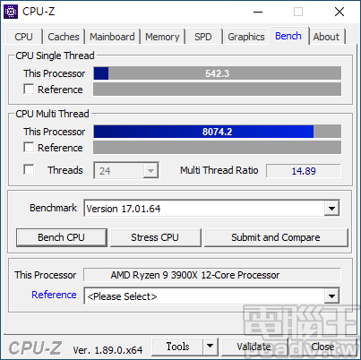 ▲ 當 Crucial CT16G4DFD832A 採用 JEDEC DDR4-3200 頻率運作時，Ryzen 9 3900X 單執行緒獲得 542.3 分、多執行緒獲得 8074.2 分。