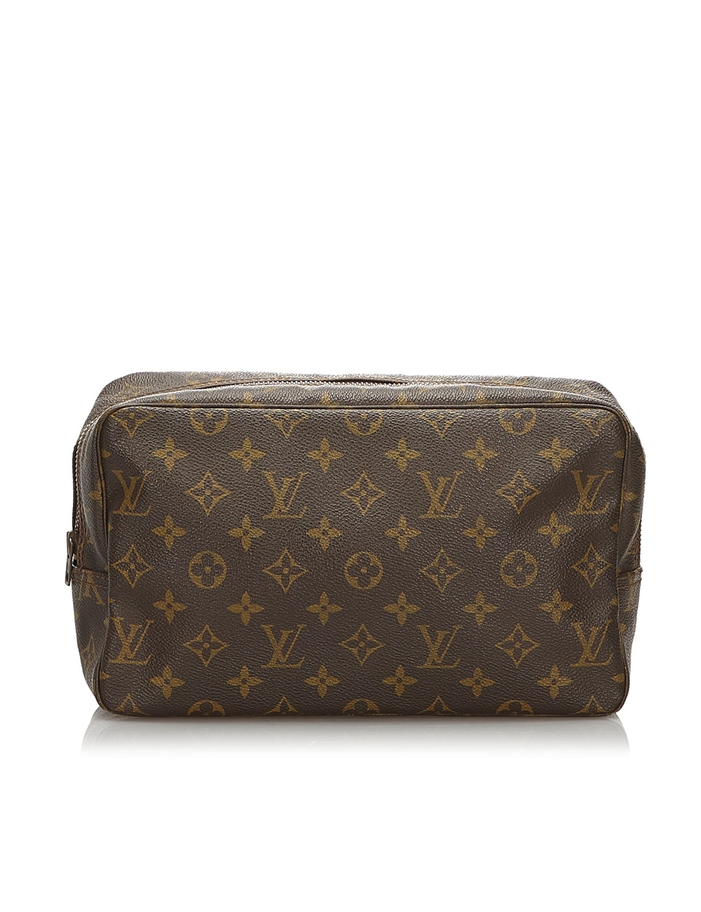 The Trousse Toilette 28 features a monogram canvas body, a top zip closure, and interior slip pocket