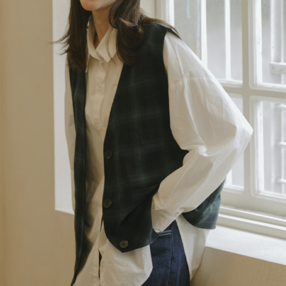 V領配色格紋排釦背心