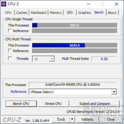 Core i9-9900K 的 CPU-Z 單執行緒與多執行緒分別為 591.6 分與 5620.6分