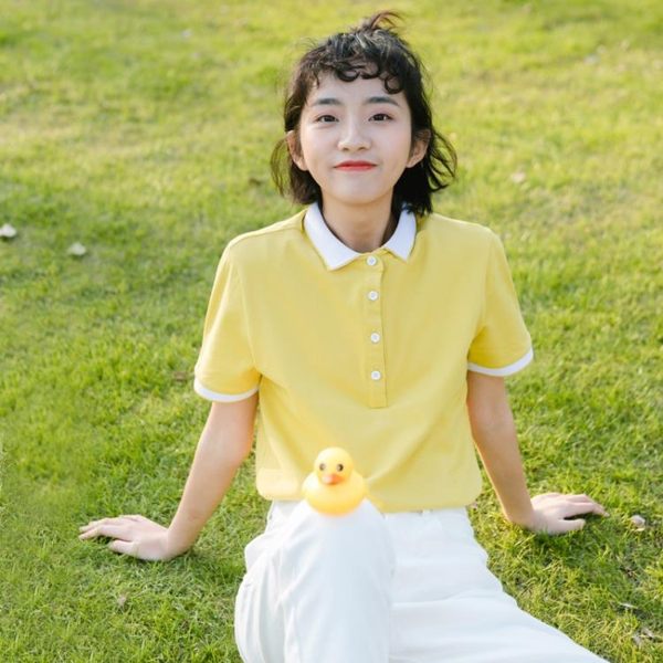 黃色polo衫女可愛2019新款心機小眾寬鬆古著感少女港味短袖T恤女