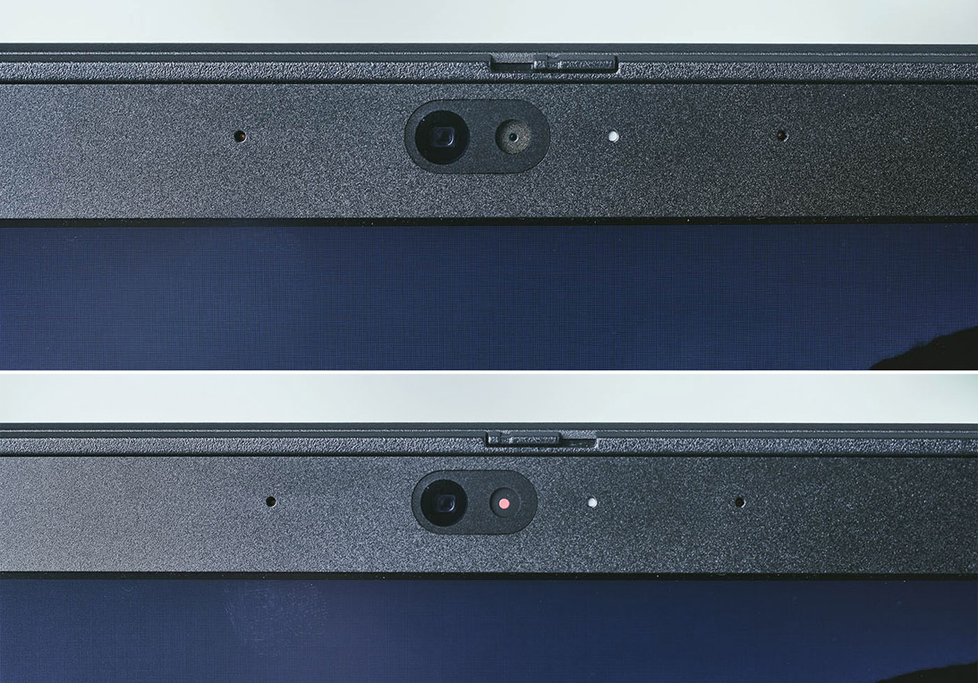 螢幕上緣配置了攝影機與陣列式麥克風，同時也附加實用的 ThinkShutter 鏡頭保護蓋，上圖為打開保護蓋的樣子，下圖為蓋起來的樣子。