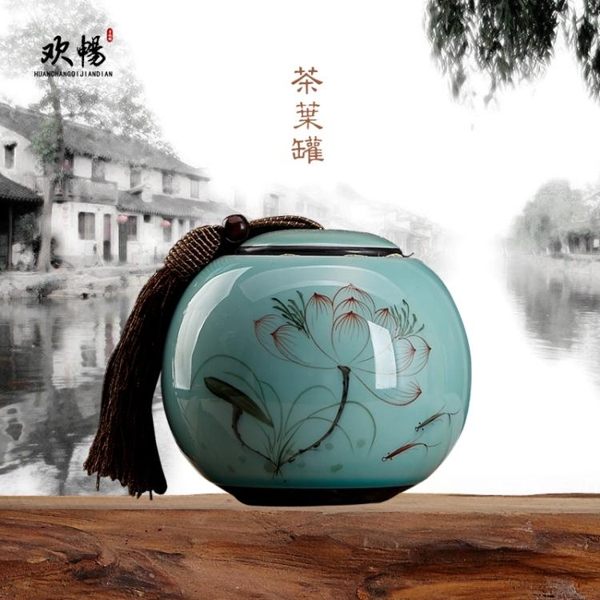 手繪陶瓷器茶葉罐紅茶綠茶鐵觀音密封罐荷花茶葉罐家用小號