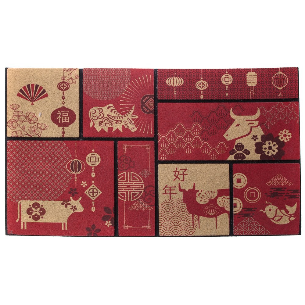 【商品特色】和樂自有品牌產品牛年主題設計款，富節慶氣氛且充滿福氣喜氣植絨印花工藝，豐富多彩戶外踏墊底部為回收橡膠製造而成，環保利用且強力防滑耐磨耐髒易打理，刮泥使用，持久耐用能簡易清除鞋底灰塵泥沙，免