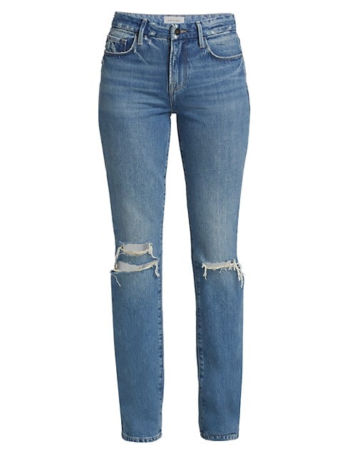 A mini bootcut hem and ripped knees define these classic jeans.; Belt loops; Front fly; Five-pocket 