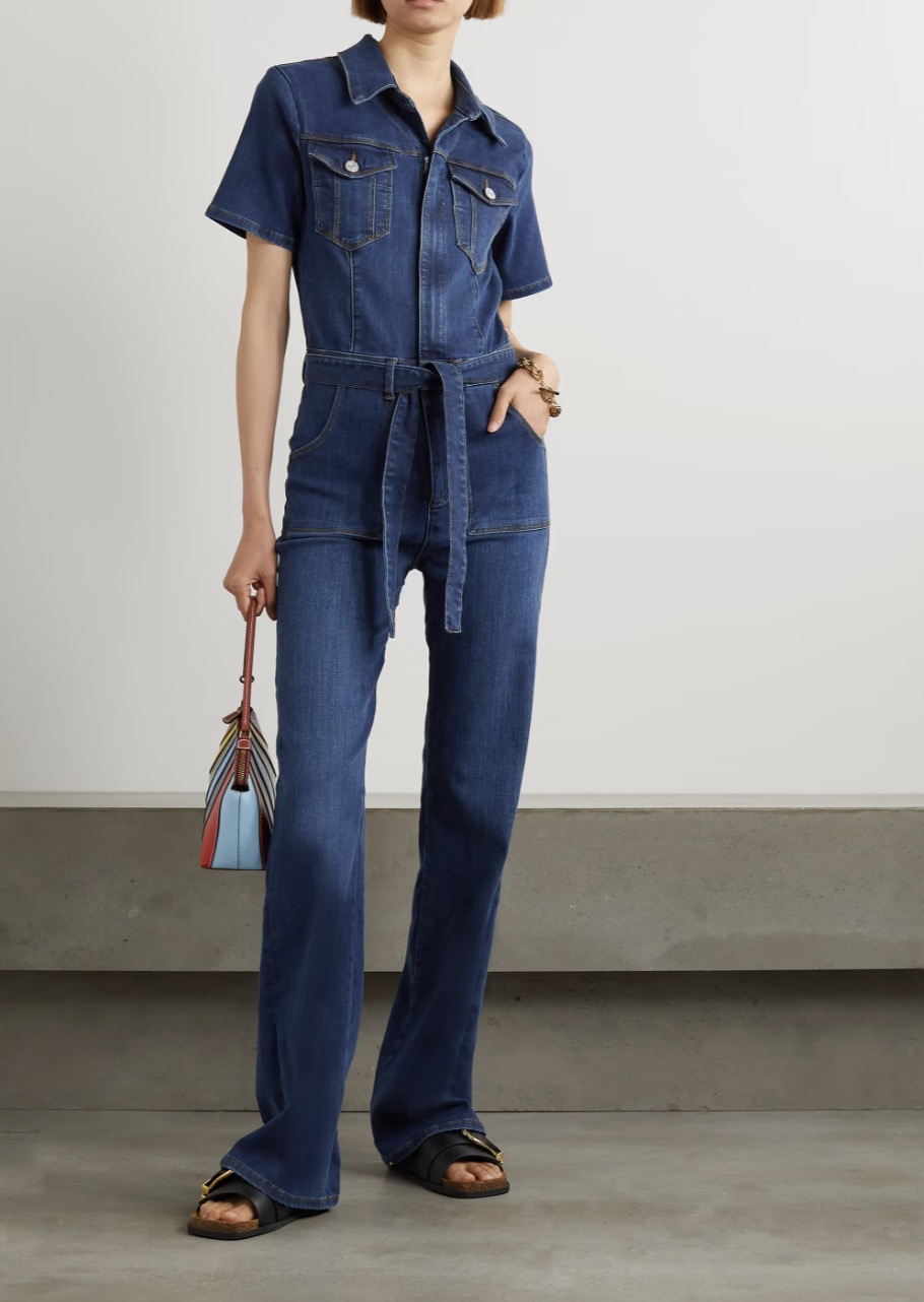 FRAME Flare de Francoise 配腰帶彈力牛仔布連體褲