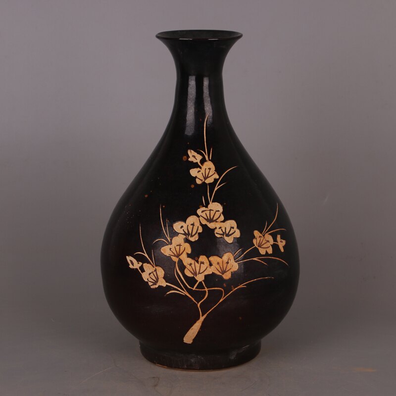 宋 吉州窯黑釉雕刻梅花紋玉壺春瓶 仿出土舊顏色釉瓷器收藏擺件品