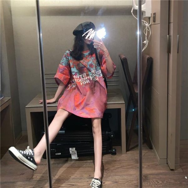 港風炫彩印花寬鬆中長款上衣女裝oversize短袖T恤夏季2019新款潮