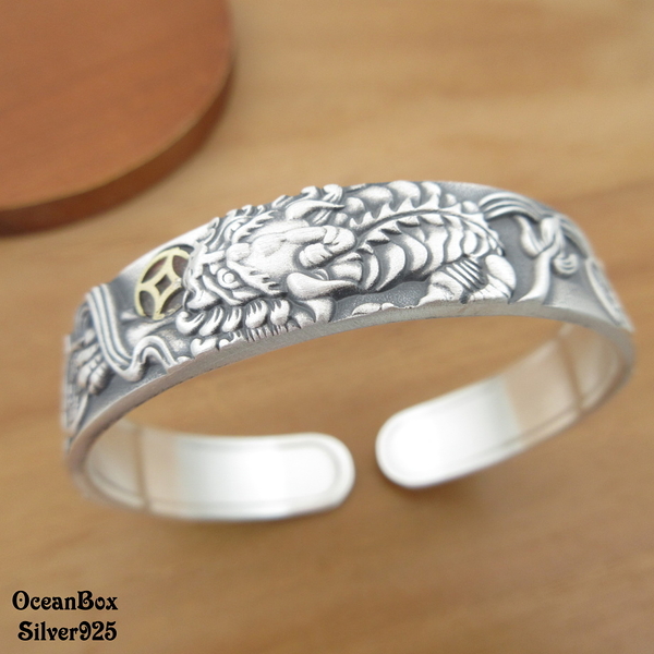 §海洋盒子§45g。招財浮雲雕花咬錢貔貅S999足銀純銀開口式手環手鐲《男女皆可.附贈禮盒》