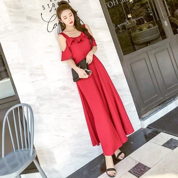 長裙波西米亞8781#實拍新款露背荷葉邊沙灘裙海邊度假吊帶裙雪紡氣質連衣裙(NE302)依品國際