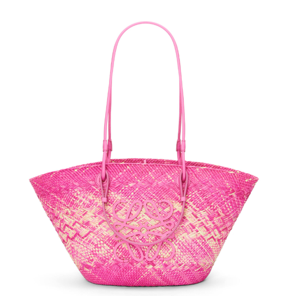 LOEWE 芭比粉紅編織肩背包 Anagram basket bag in iraca palm and calfskin